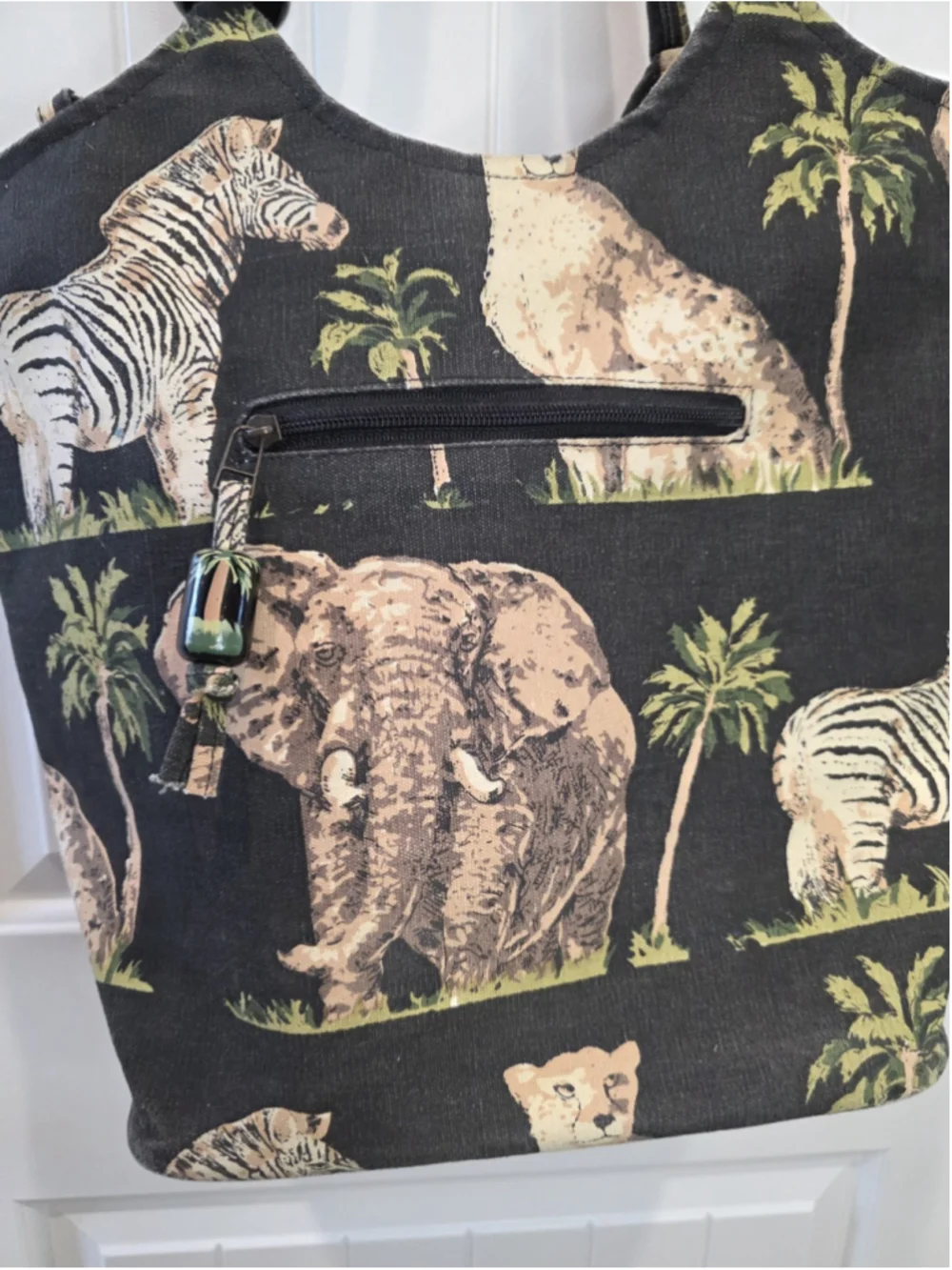 Safari Animal Print Cotton Tote Bag Elephant Zebra Palm Trees Zip Closure Pocket